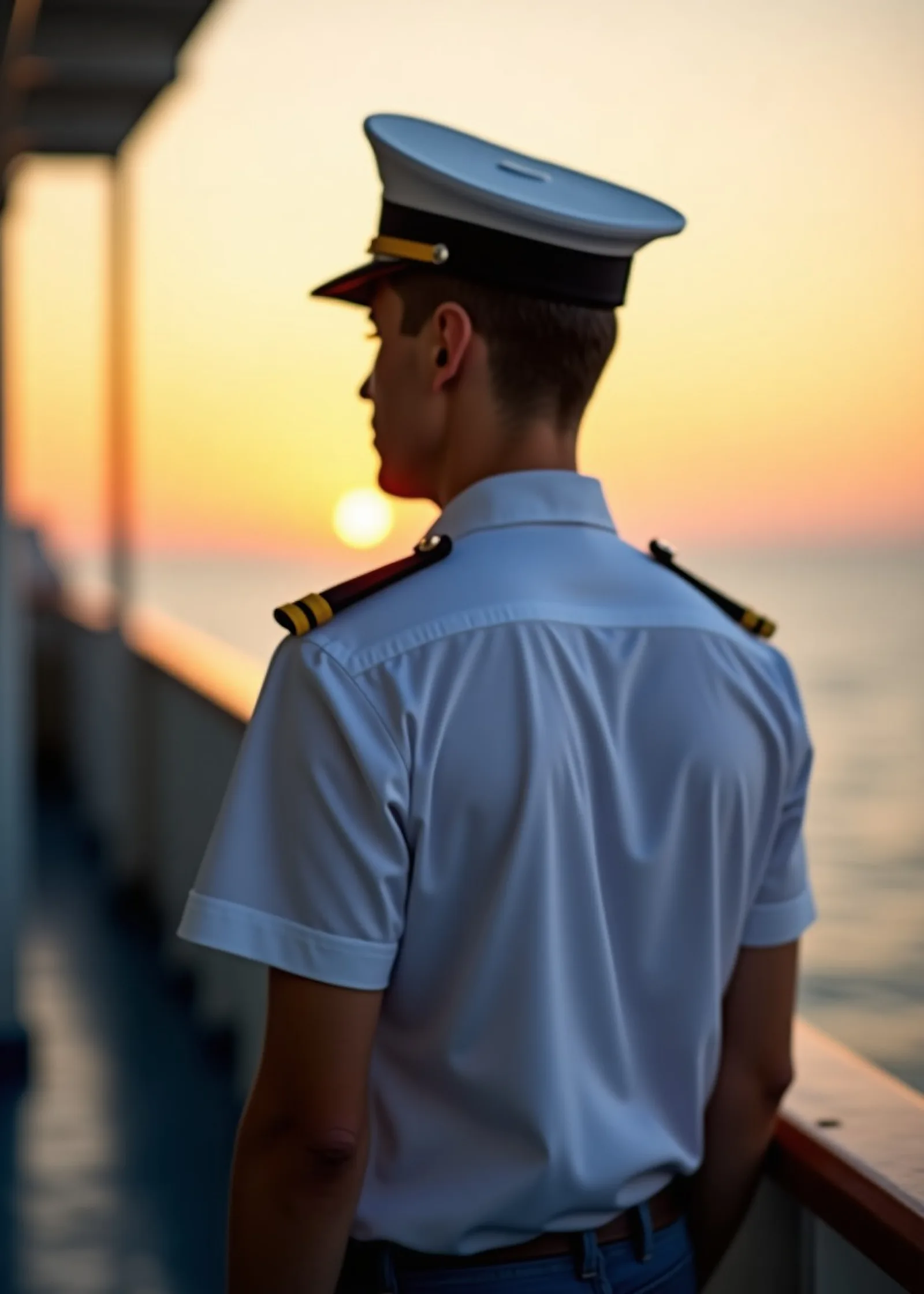 Deck officer in a white uniform shirt and cap seen from behind on deck looking toward the sunset horizon