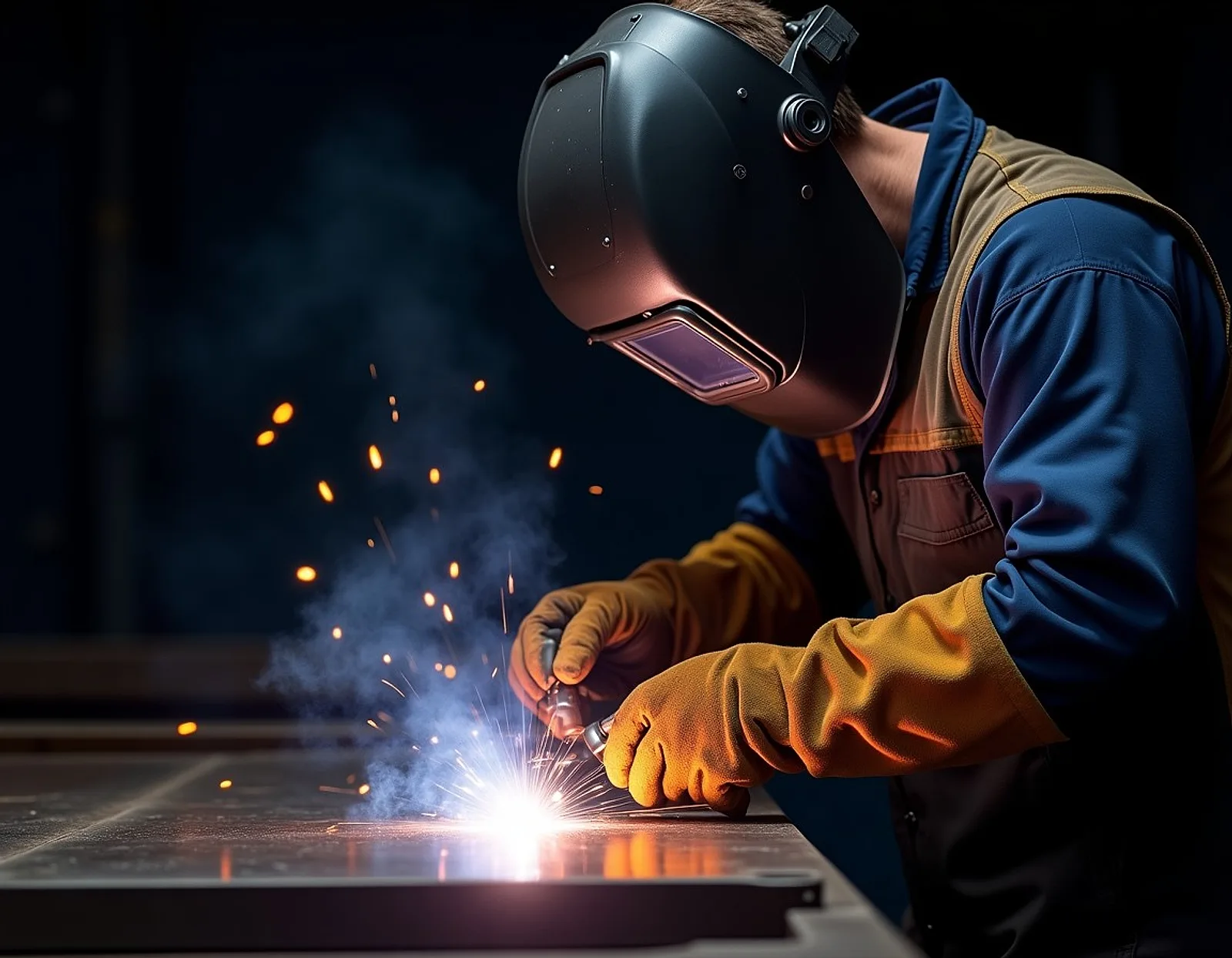 Welder in a helmet and leather gloves welding steel plate with bright sparks